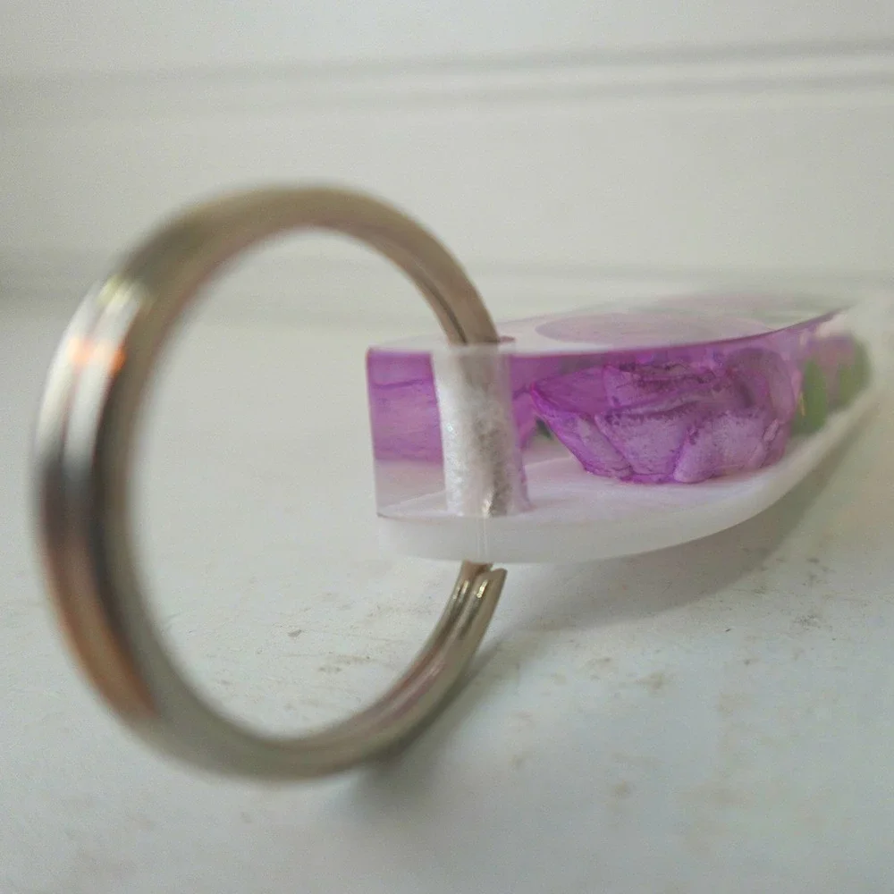 Purple‎ Flower Keychain Bag Charm Two Stem Roses Handmade Resin Fob Holder